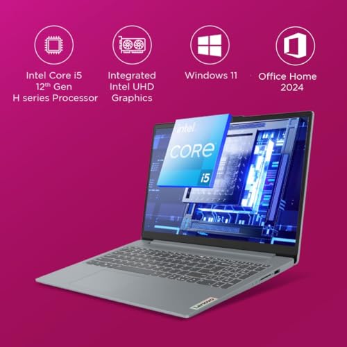 Lenovo IdeaPad Slim 3, 12th Gen Intel Core i5-12450H (16GB LPDDR5, 512GB SSD), Anti-glare, FHD 15.6"(39.6cm), Win 11, Office Home 2024, Arctic Grey, 1.62Kg, 83ER00MDIN, Thin & Light, Backlit KB Laptop