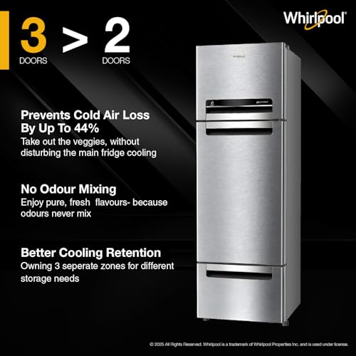 Whirlpool 215 L Frost Free Triple-Door Refrigerator | Zeolite Technology | Microblock Technology [FP 223D PROTTON ROY RADIANT STEEL(Z), Up to 44% Reduction in Cold Air Loss*]