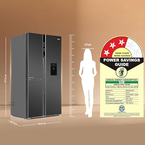 Haier SmartChoice 592L 3Star 3-Door Water Dispenser Side by Side Frost Free Refrigerator|Convertible|Smart Sense AI|Inverter|Digital Display Panel (2025 Model, HRT-683WGKU1, Graphite Black)