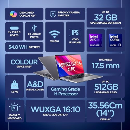 acer AspireGo14, Intel Core Ultra5 125H AI Processor,Office 2024 + M365 Basic, 16 GB RAM, 512 GB SSD, WUXGA IPS, 14.0"/35.56 cm, Win 11 Home, Steel Gray, 1.5 kg, AG14-71M, Backlit KB, Premium Laptop