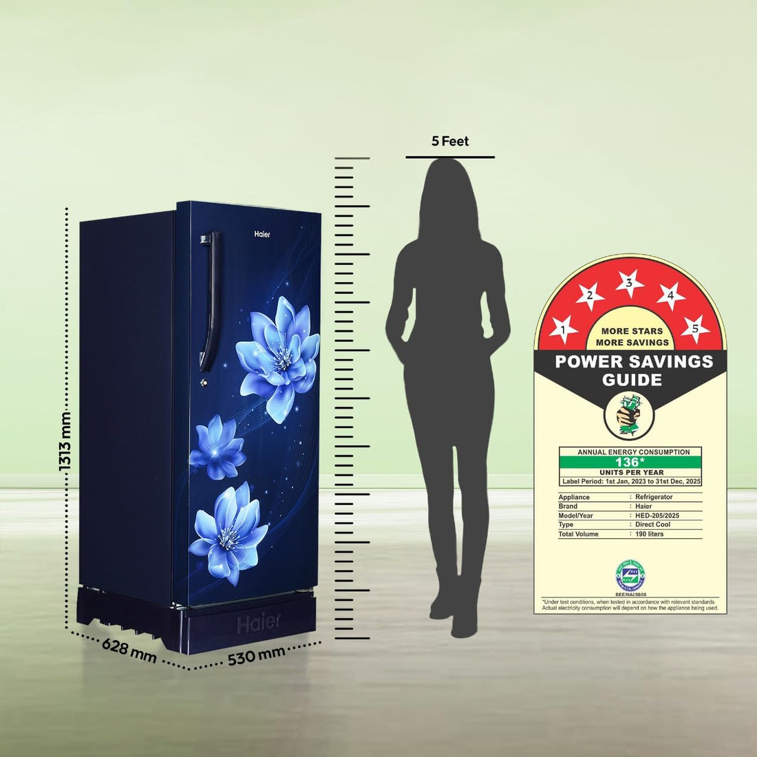 Haier 190L 5 Star Direct Cool Single Door Refrigerator | 3 Toughened Glass Shelves | Fast Ice Making in Just 60 minutes | Large Veg Box| Easy Clean Back (HED-205MFB-P, Marine Peony, Base Stand)