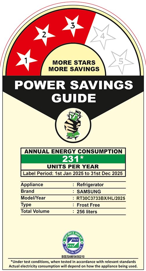 Samsung 256 L, 3 Star, Convertible, Digital Inverter with Display Frost Free Double Door Refrigerator (RT30C3733BX/HL, Luxe Black)