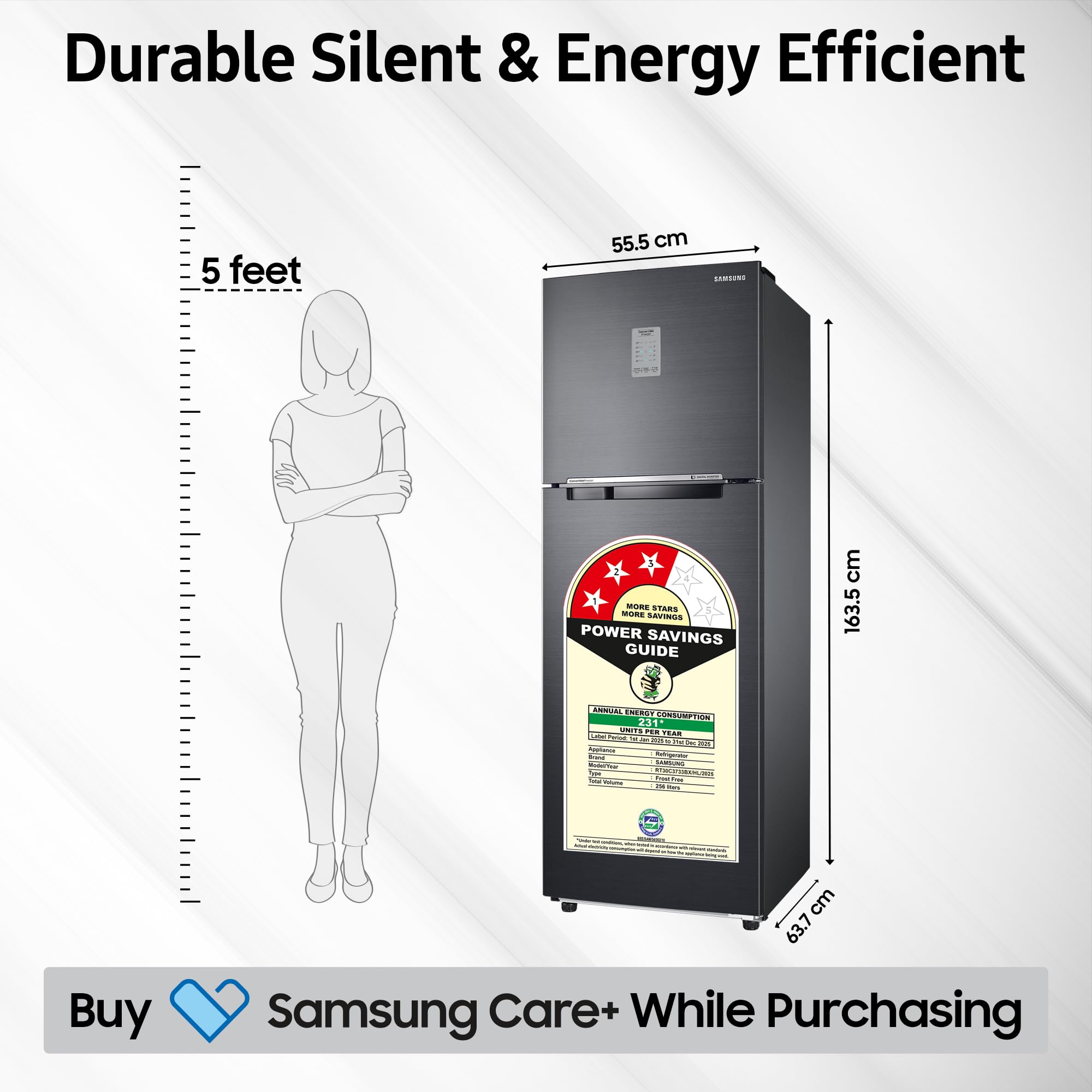 Samsung 256 L, 3 Star, Convertible, Digital Inverter with Display Frost Free Double Door Refrigerator (RT30C3733BX/HL, Luxe Black)