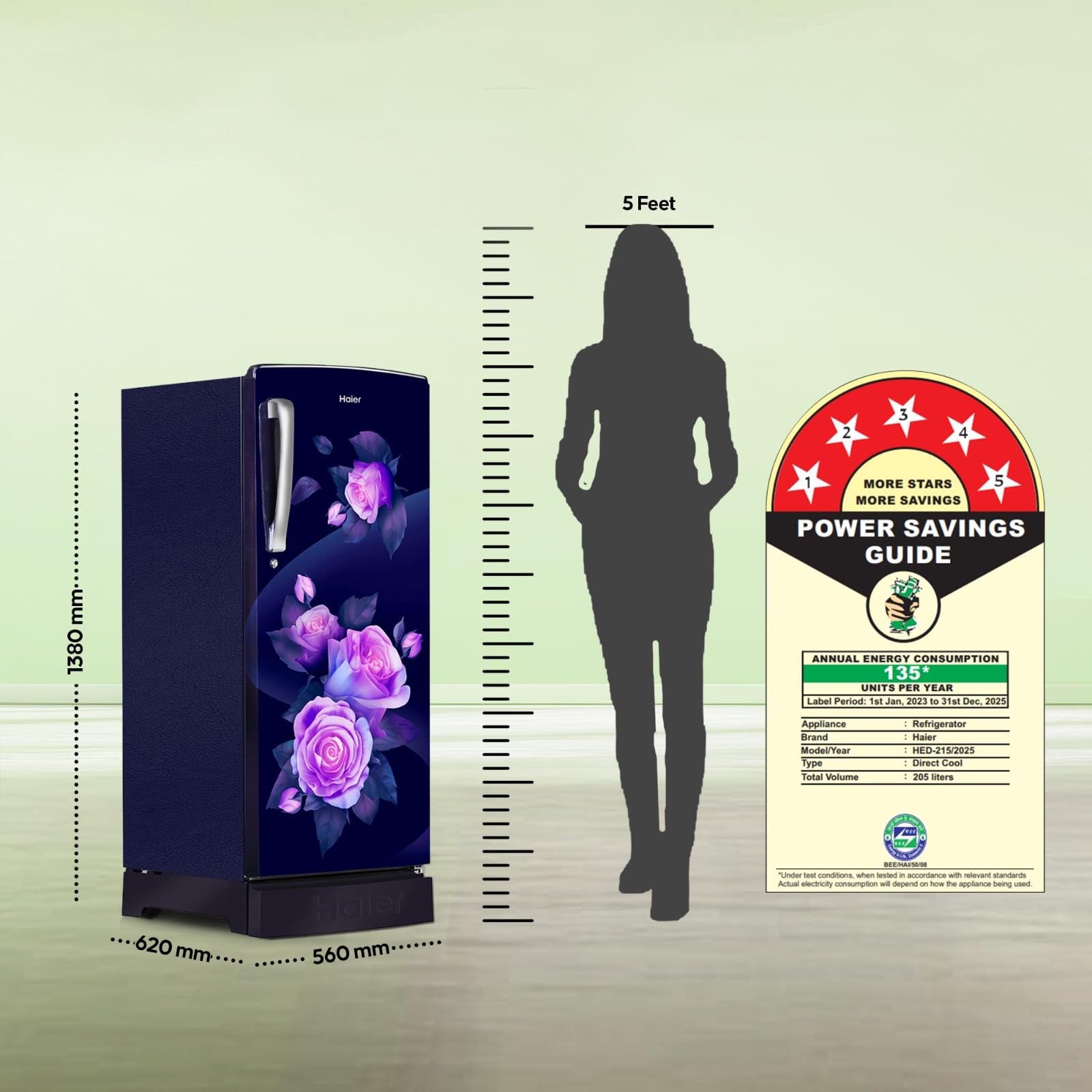 Haier 205L 5Star Direct Cool Single Door Refrigerator | Inverter Compressor | Wide Freezer Space | Bigger Ice Tray | Longer Cooling Retention | Easy Clean Back (HED-215MRB-N, Marine Rose, Base Stand)