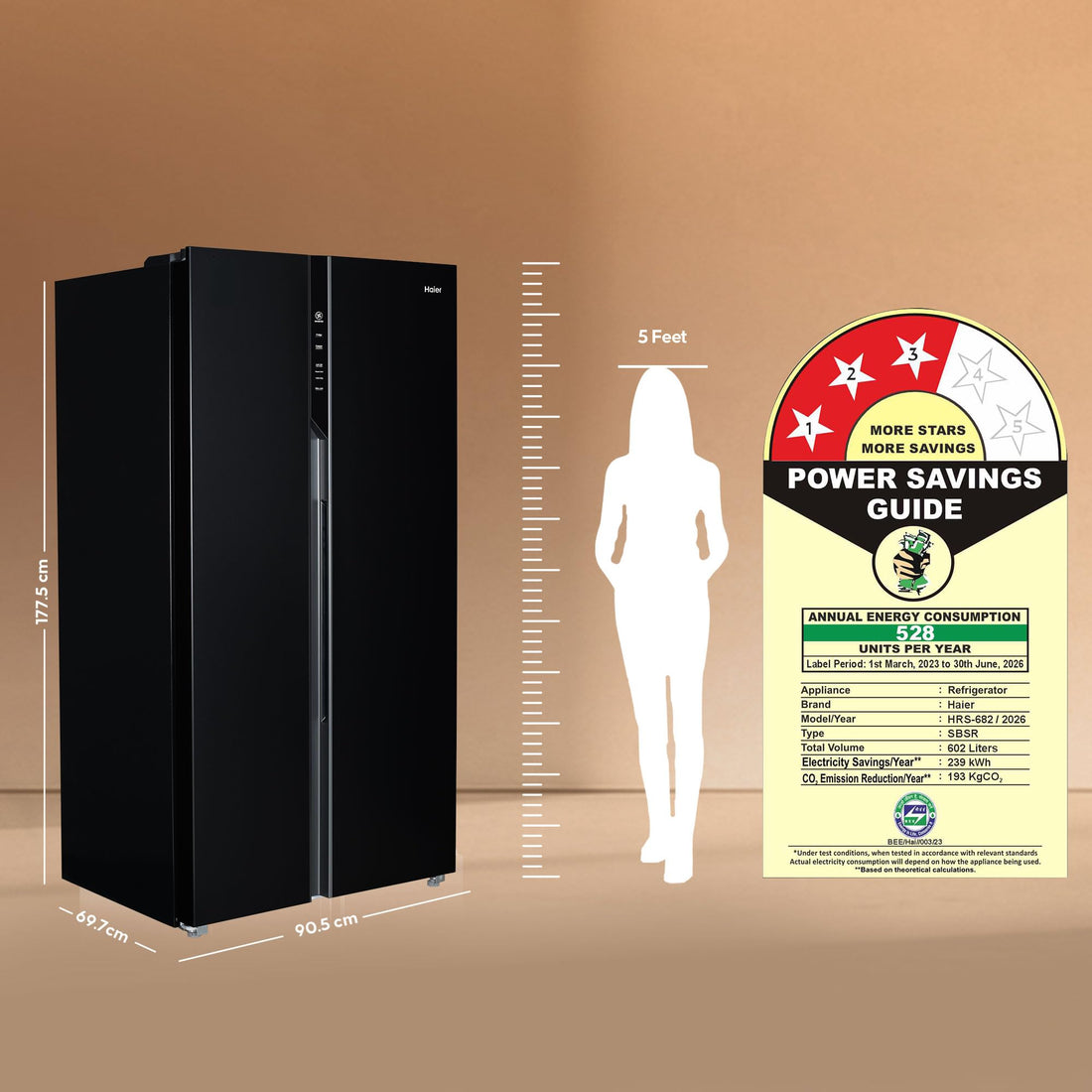 Haier 602L 3Star 2 Door Side by Side Frost Free Refrigerator|100% Convertible|Expert Inverter Technology|Digital Display Panel|Triple Twist Ice Maker|Deo Fresh Technology (HRS-682KS, Black Steel)