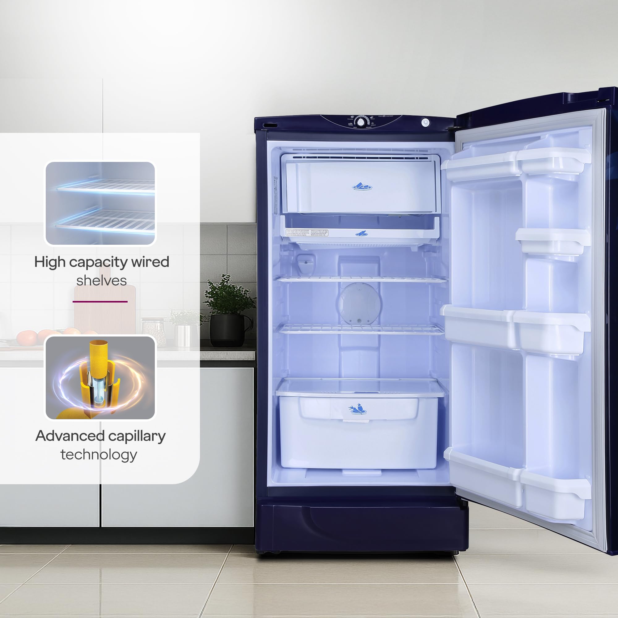 Godrej 180L 1Star Advanced Capillary Technology| Jumbo Vegetable Tray| Wired Shelves| 2.25L Bottle Space| Wide Shelf Space| Direct Cool Single Door Refrigerator (RD EDGE 205AN WRF PP BL, Pep Blue)