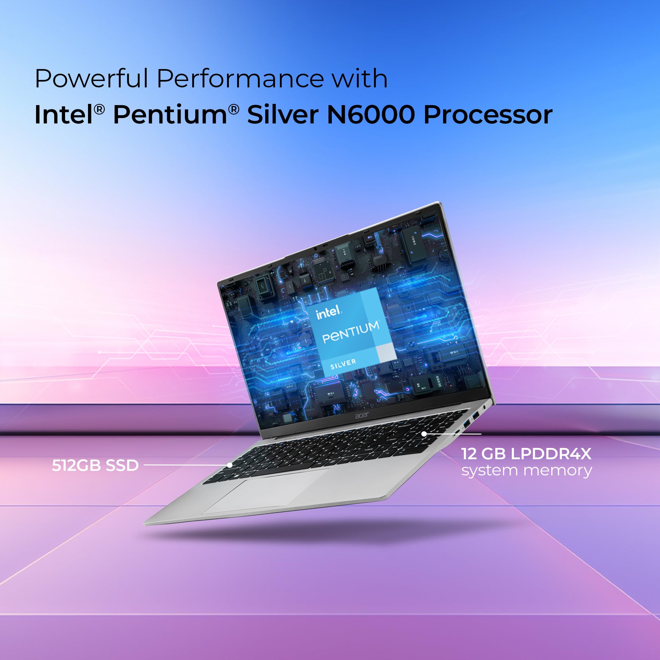 acer Aspire 3, Intel Pentium N6000, 12GB LPDDR4X RAM, 512GB SSD, HD, 15.6"/39.62cm, Windows 11 Home, Pure Silver, 1.5KG, A325-45, Thin and Light Laptop