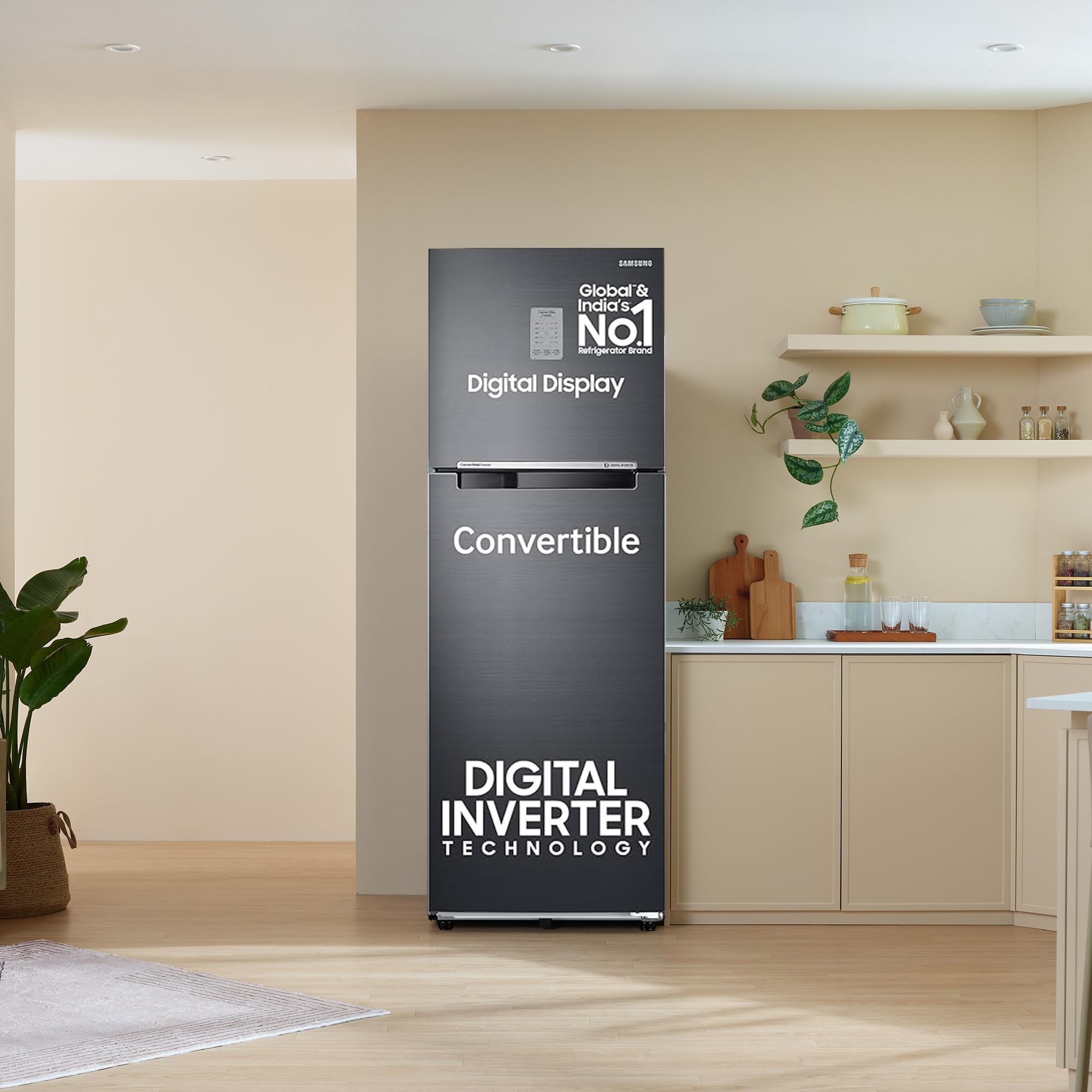 Samsung 256 L, 3 Star, Convertible, Digital Inverter with Display Frost Free Double Door Refrigerator (RT30C3733BX/HL, Luxe Black)