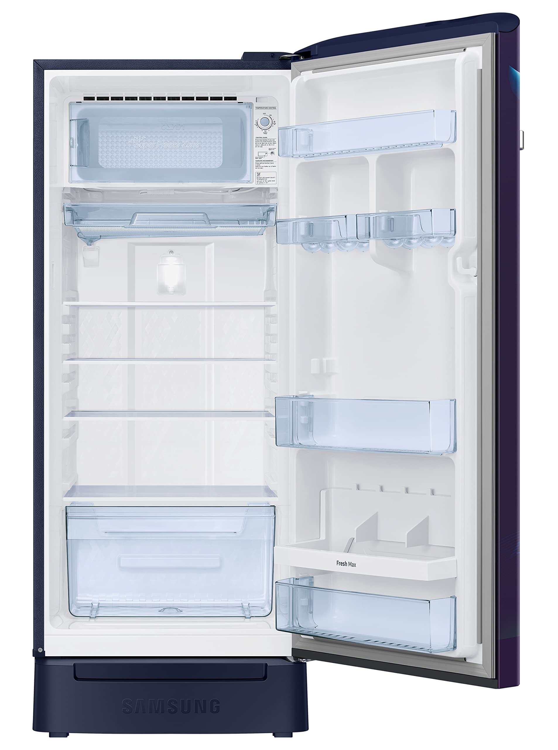 Samsung 215L 5 Star Inverter Direct-Cool Single Door Refrigerator (RR23C2H35UZ/HL,Midnight Blossom Blue) Base Stand Drawer