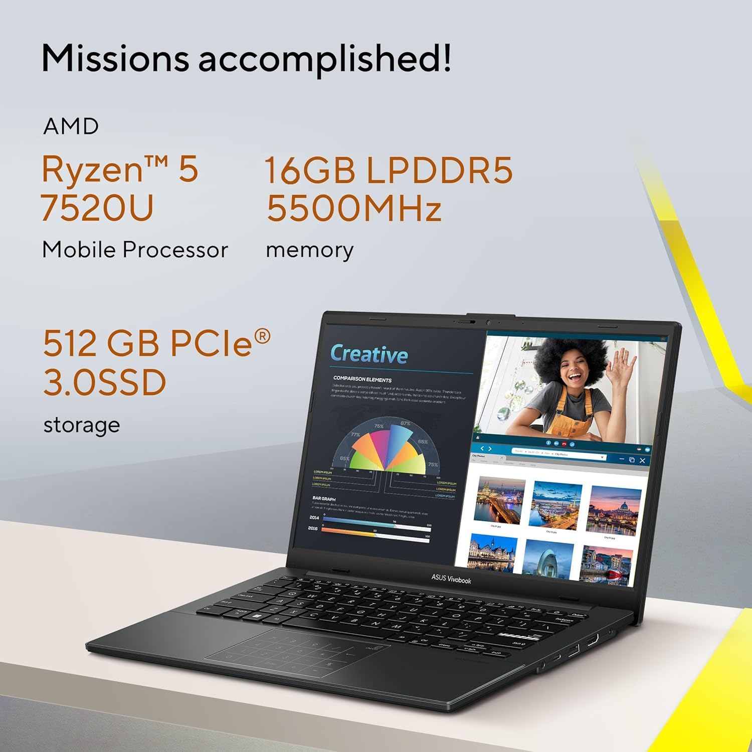 ASUS Vivobook Go 14, AMD Ryzen 5 7520U, 16GB RAM, 512GB SSD, FHD, 14", 60Hz,42WHrs, Windows 11, M365 Basic (1Year)*,Office Home 2024, Mixed Black, 1.38 kg, E1404FA-EB774WS, Thin & Light Laptop