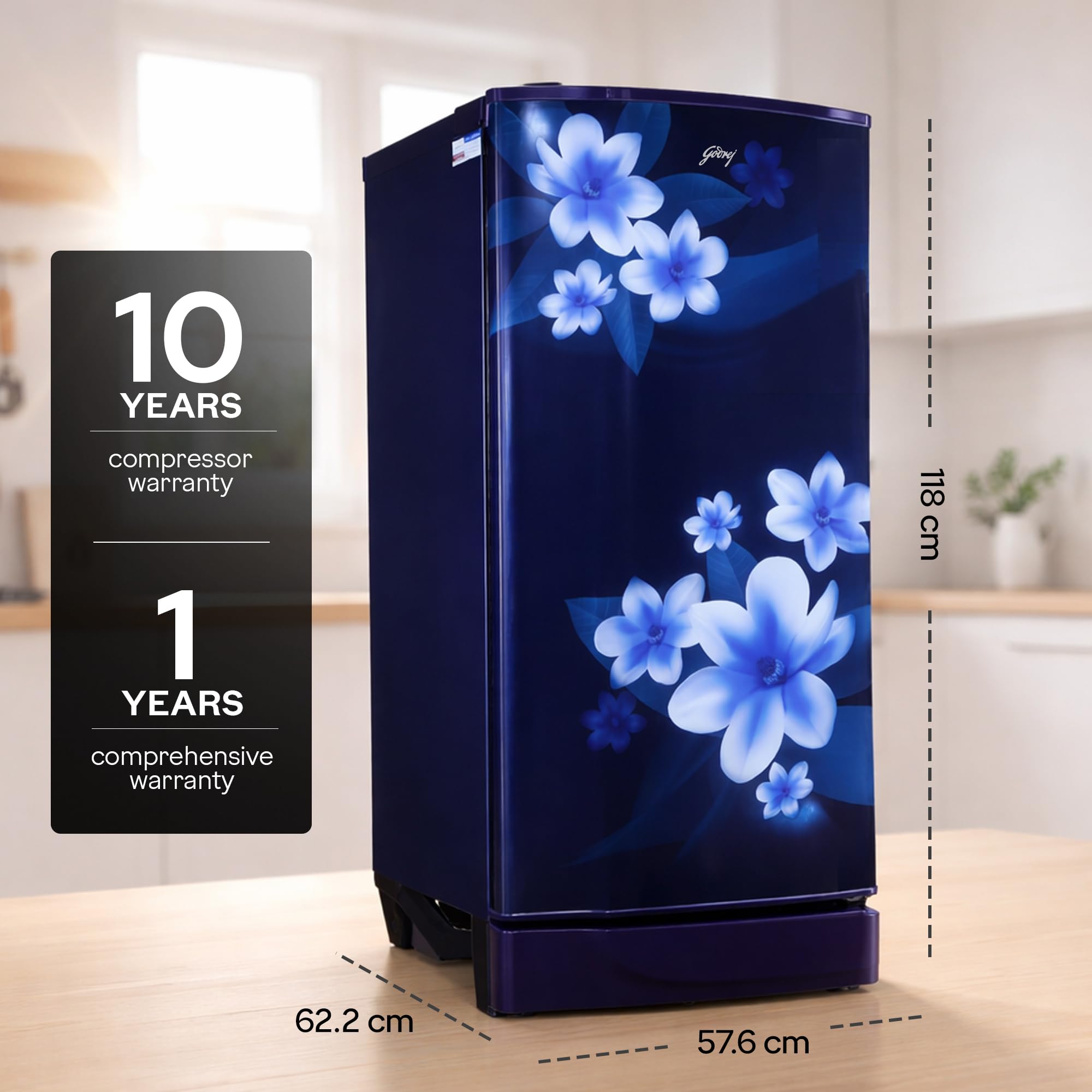 Godrej 180L 1Star Advanced Capillary Technology| Jumbo Vegetable Tray| Wired Shelves| 2.25L Bottle Space| Wide Shelf Space| Direct Cool Single Door Refrigerator (RD EDGE 205AN WRF PP BL, Pep Blue)