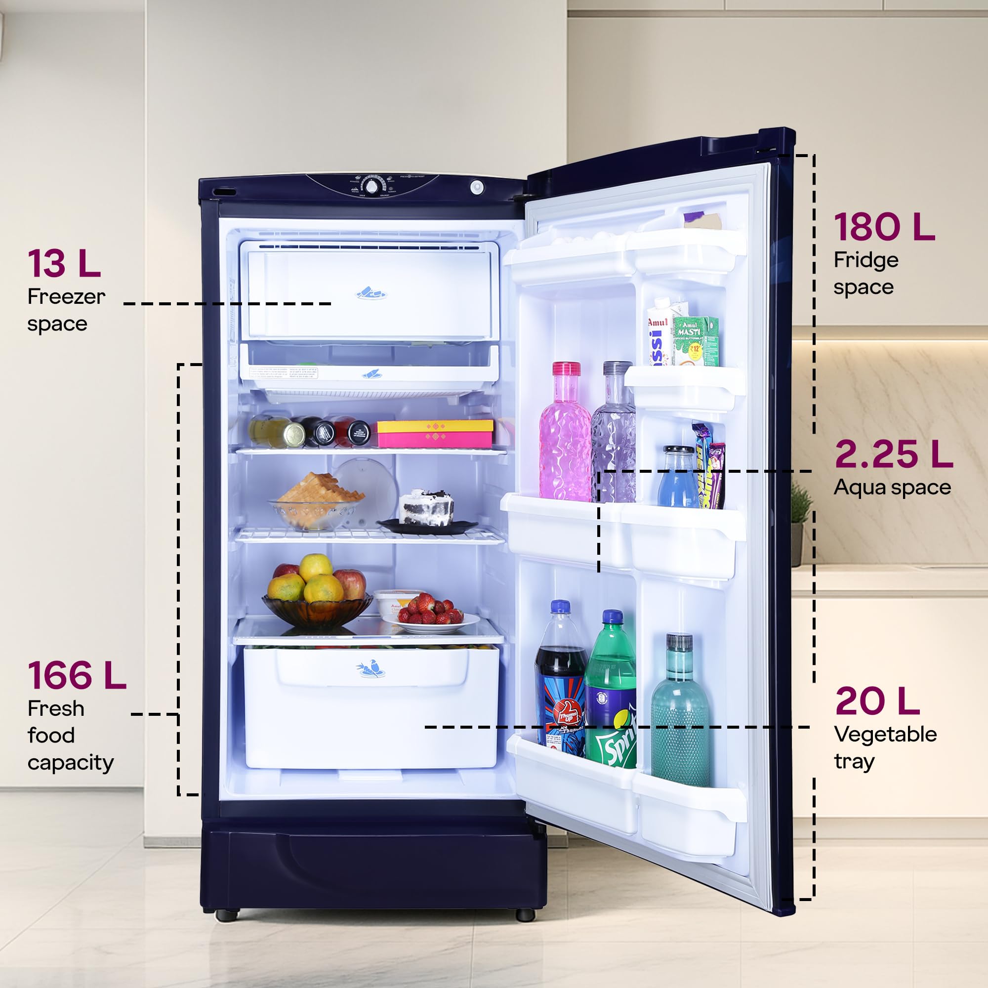 Godrej 180L 1Star Advanced Capillary Technology| Jumbo Vegetable Tray| Wired Shelves| 2.25L Bottle Space| Wide Shelf Space| Direct Cool Single Door Refrigerator (RD EDGE 205AN WRF PP BL, Pep Blue)