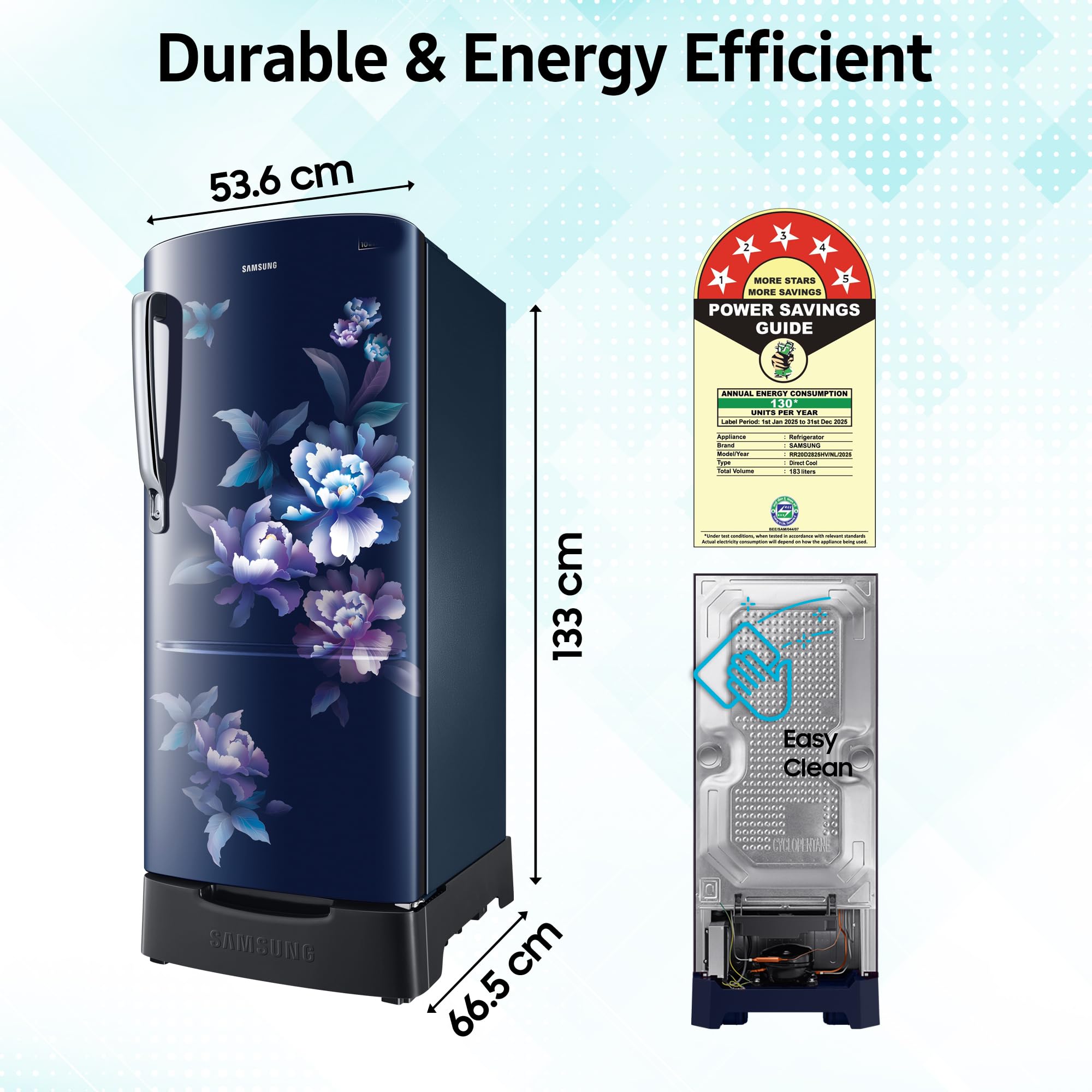 Samsung 183 L, 5 Star, Digital Inverter, Direct-Cool Single Door Refrigerator (RR20D2825HV/NL, Himalaya Poppy Blue, Base Stand Drawer)
