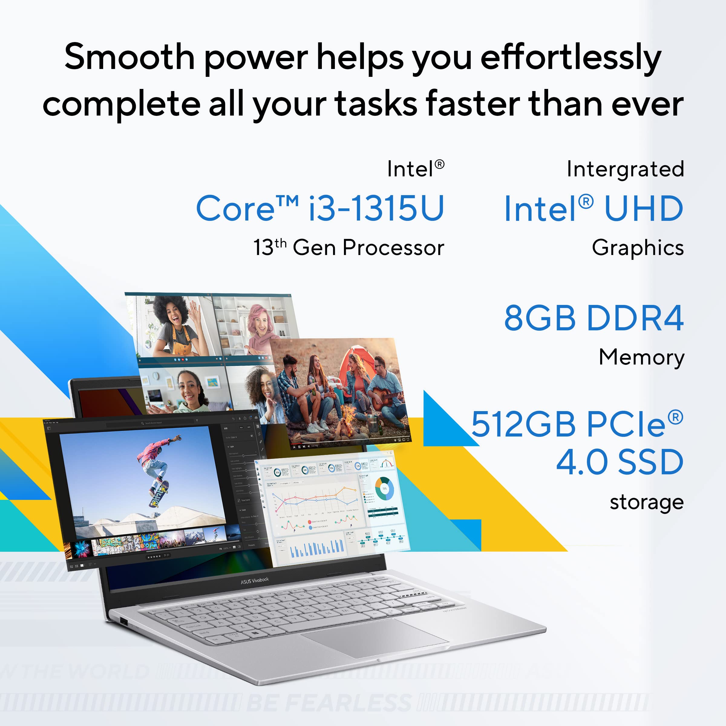 ASUS Vivobook 14 (2025),13th Gen, Intel Core i3-1315U, 8GB RAM, 512GB SSD, FHD, 14", (35.5 cm) Windows 11 Home, M365 Basic(1 Year)* Office 2024,Cool Silver,1.4 Kg, X1404VA-EB321WS, Thin & Light Laptop