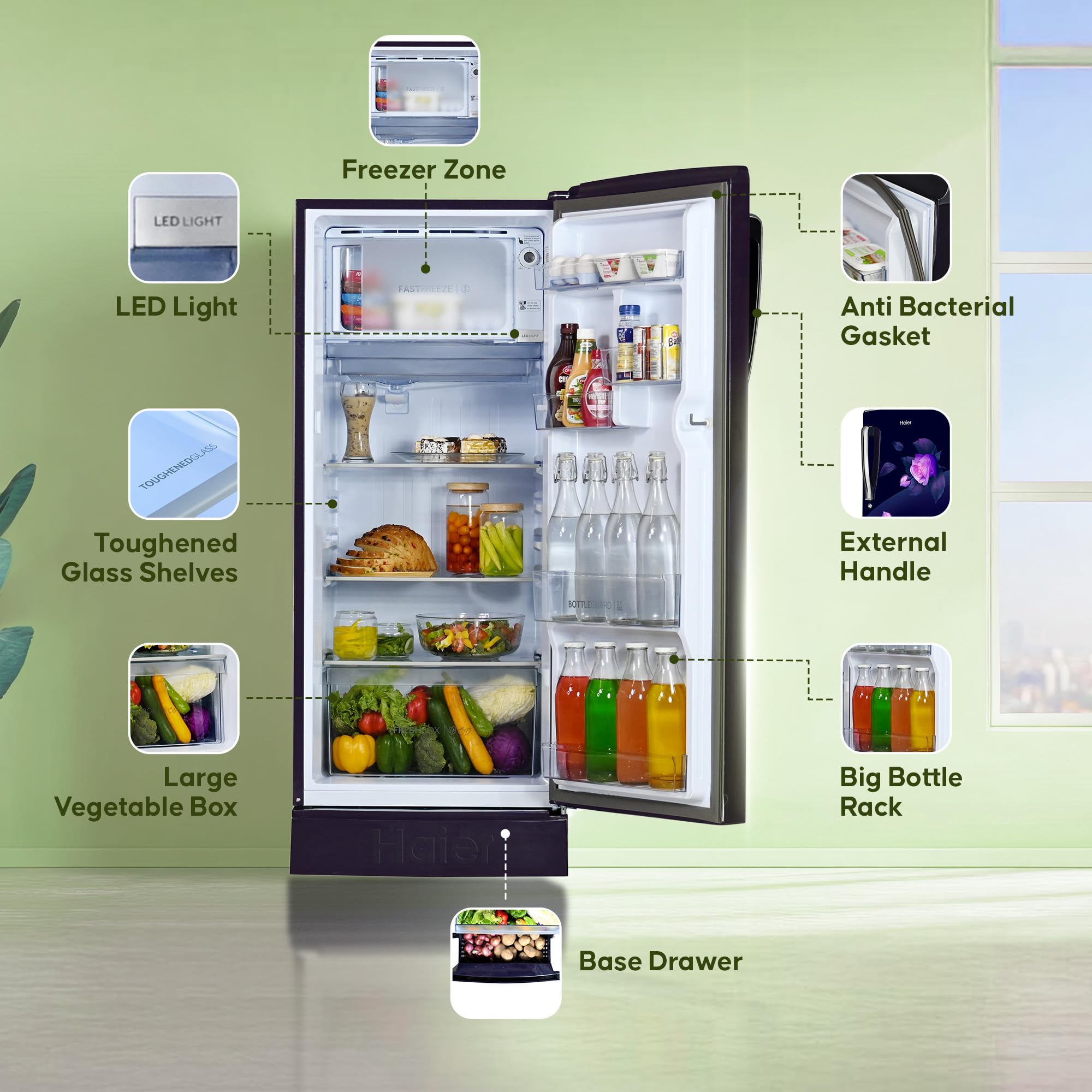 Haier 205L 5Star Direct Cool Single Door Refrigerator | Inverter Compressor | Wide Freezer Space | Bigger Ice Tray | Longer Cooling Retention | Easy Clean Back (HED-215MRB-N, Marine Rose, Base Stand)
