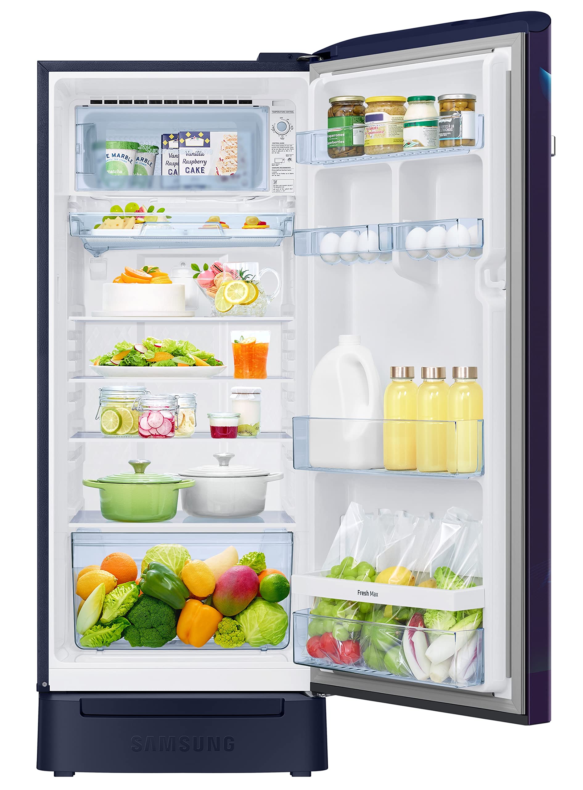 Samsung 215L 5 Star Inverter Direct-Cool Single Door Refrigerator (RR23C2H35UZ/HL,Midnight Blossom Blue) Base Stand Drawer