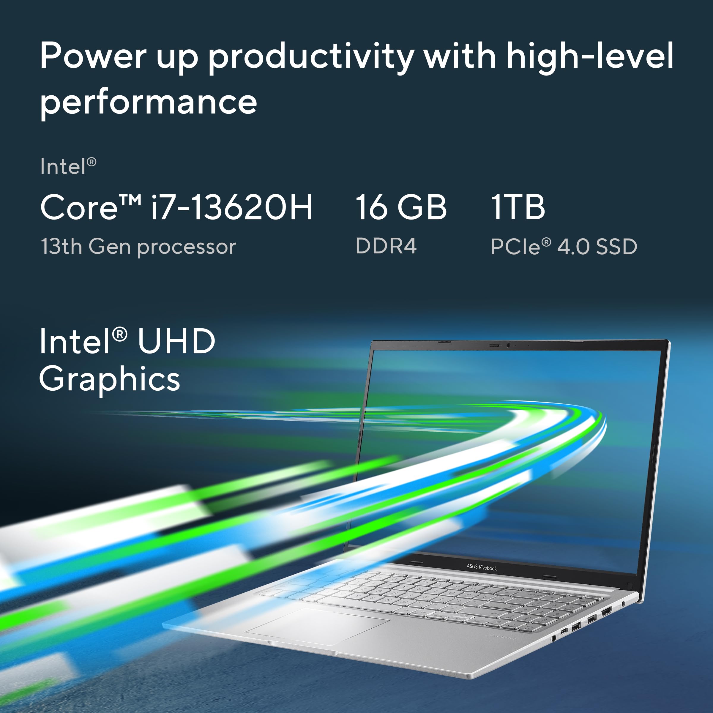 ASUS Vivobook 15, Intel Core i7 13th Gen 13620H, 16GB RAM, 1TB SSD, FHD 15.6", Windows 11, Office Home 2024, Cool Silver, 1.7Kg, X1502VA-BQ1299WS, Intel UHD GPU, 42Whr, M365 Basic (1Year)* Laptop