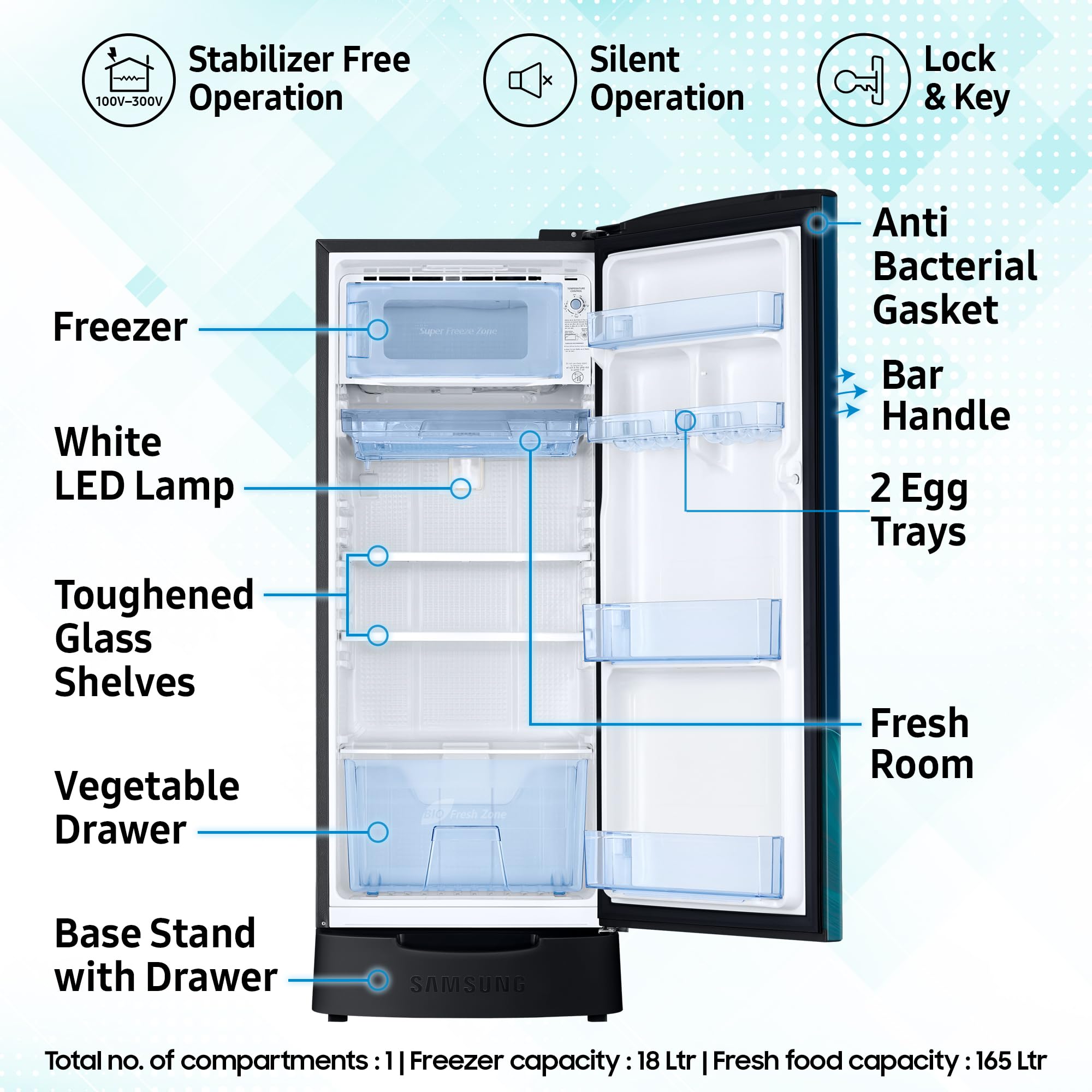 Samsung 183 L, 4 Star, Digital Inverter, Direct-Cool Single Door Refrigerator (RR20H28249U/NL, Paradise Bloom Blue, Base Stand Drawer, Single Touch Defrost, 2026 Model)