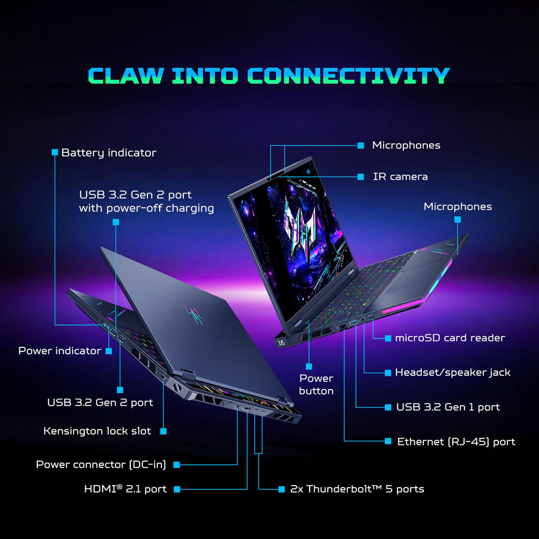 acer Predator Helios 16 AI, Intel Core Ultra 9 Processor,RTX 5090-24 GB GDDR7,32 GB/1 TB, WQXGA OLED, 16.0"/40.64 cm, 240Hz, Win 11 Home, Abyssal Black, 2.65 kg, PH16-73, RGB KB, Gaming Laptop