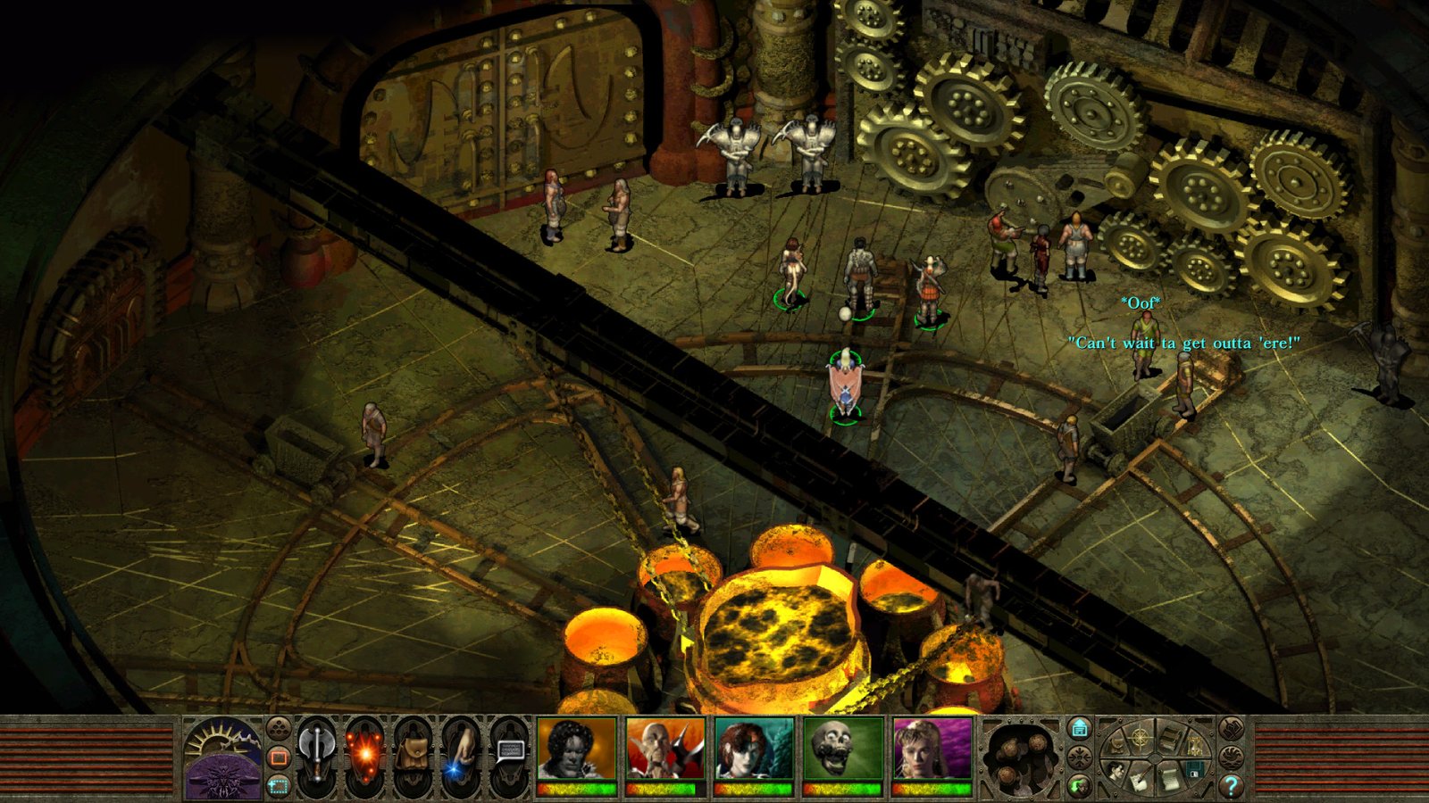 An image of fantasy characters exploring an underground city area with a huge glowing generator
