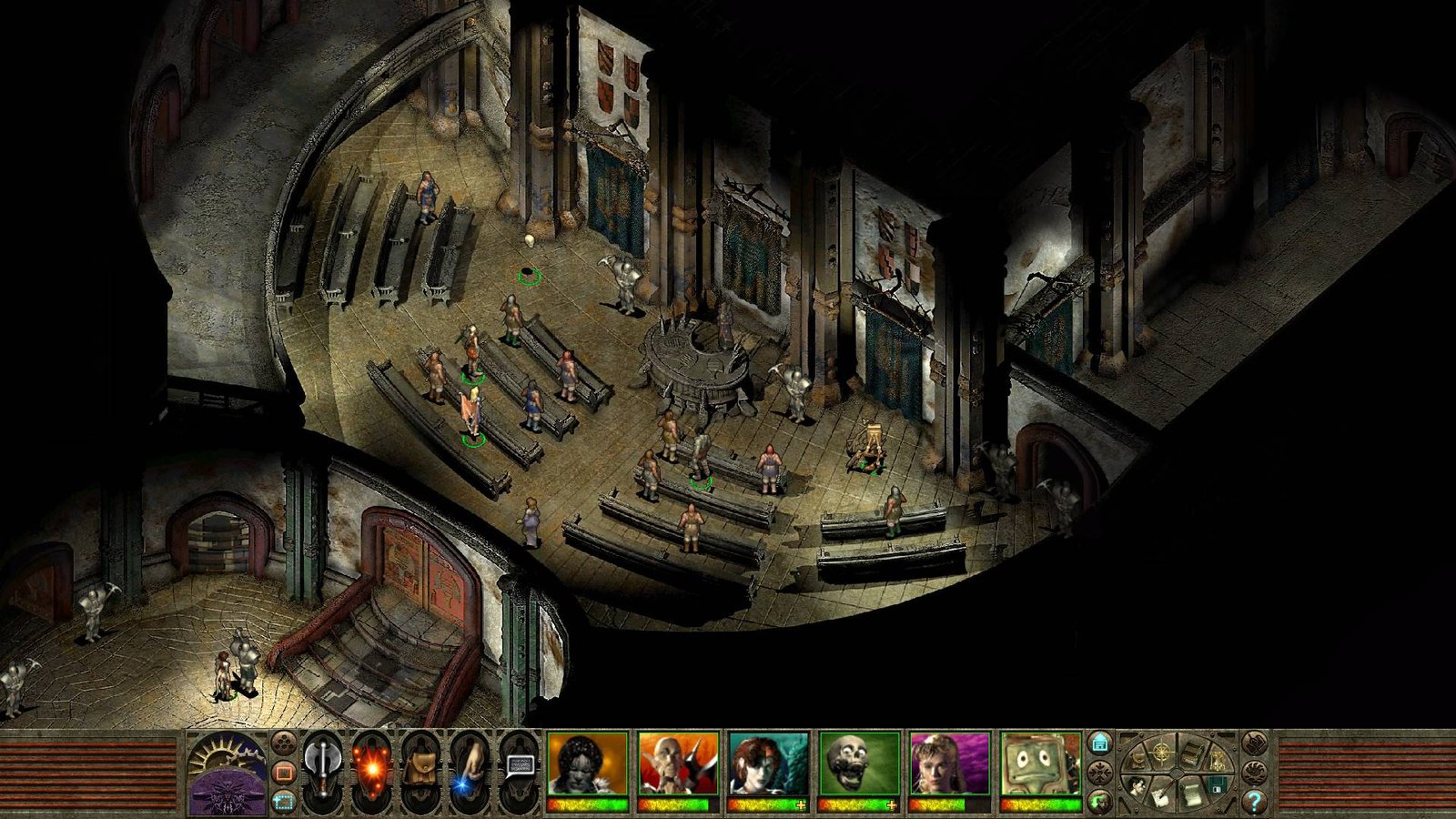 Pixel characters sit in a circular room with benches looking at a wall