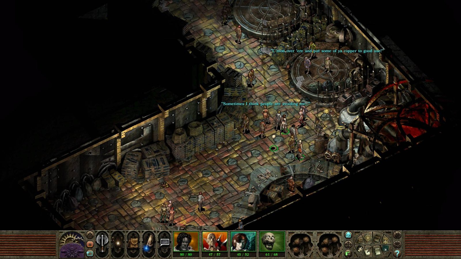 An image of Planescape: Torment showing characters wandering around an underground city area