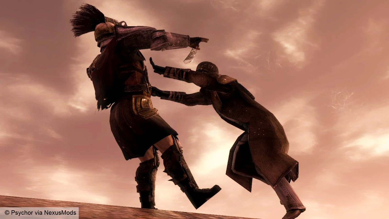 fallout-new-vegas-mod-close-quarters-combat-melee-weapons-unarmed-fnv-pc-rpgs Fallout New Vegas CQC mod - One person bodily shoves another back with both hands.