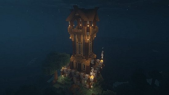 minecraft-watchtower Best Minecraft tower designs: A tall medieval watchtower looms under a night sky.