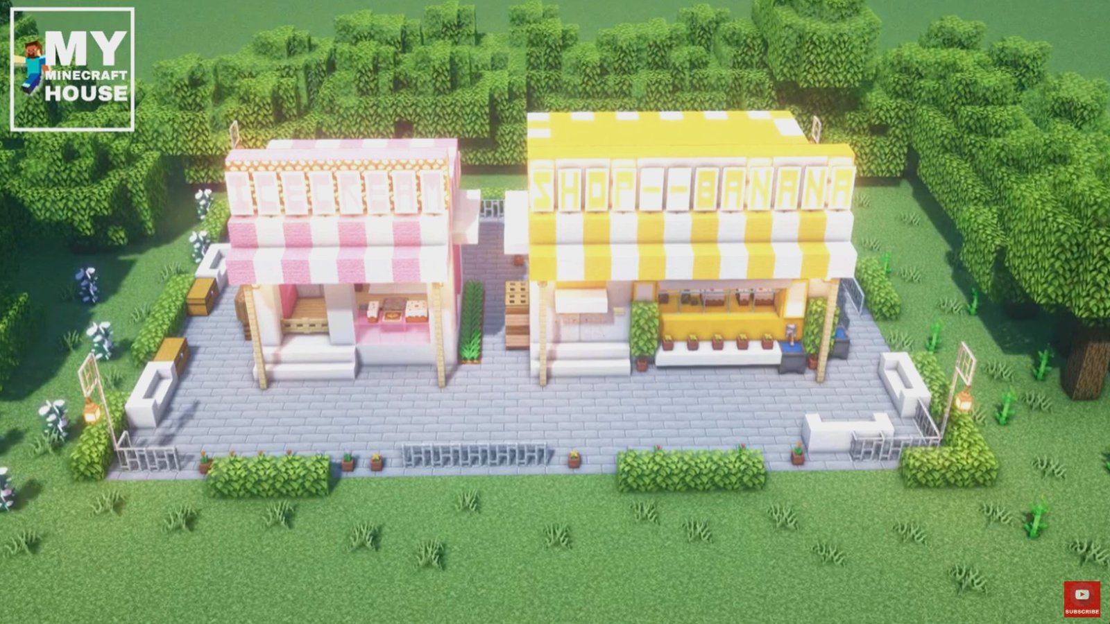 minecraft-build-shop A pink and a yellow small shop, one of the best Minecraft build ideas for your world.