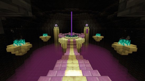 minecraft-builds-end-portal-room A beautiful End Portal room Minecraft build, with a purple glass floor and stairway leading to the portal.
