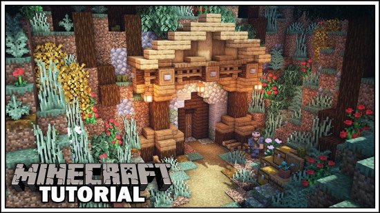 minecraft-builds-cave-entrance A Minecraft cave entrance build with a building front and natural decor.