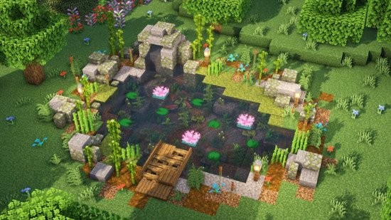 minecraft-pond A rustic Minecraft pond with pink flowers and plants growing all around.