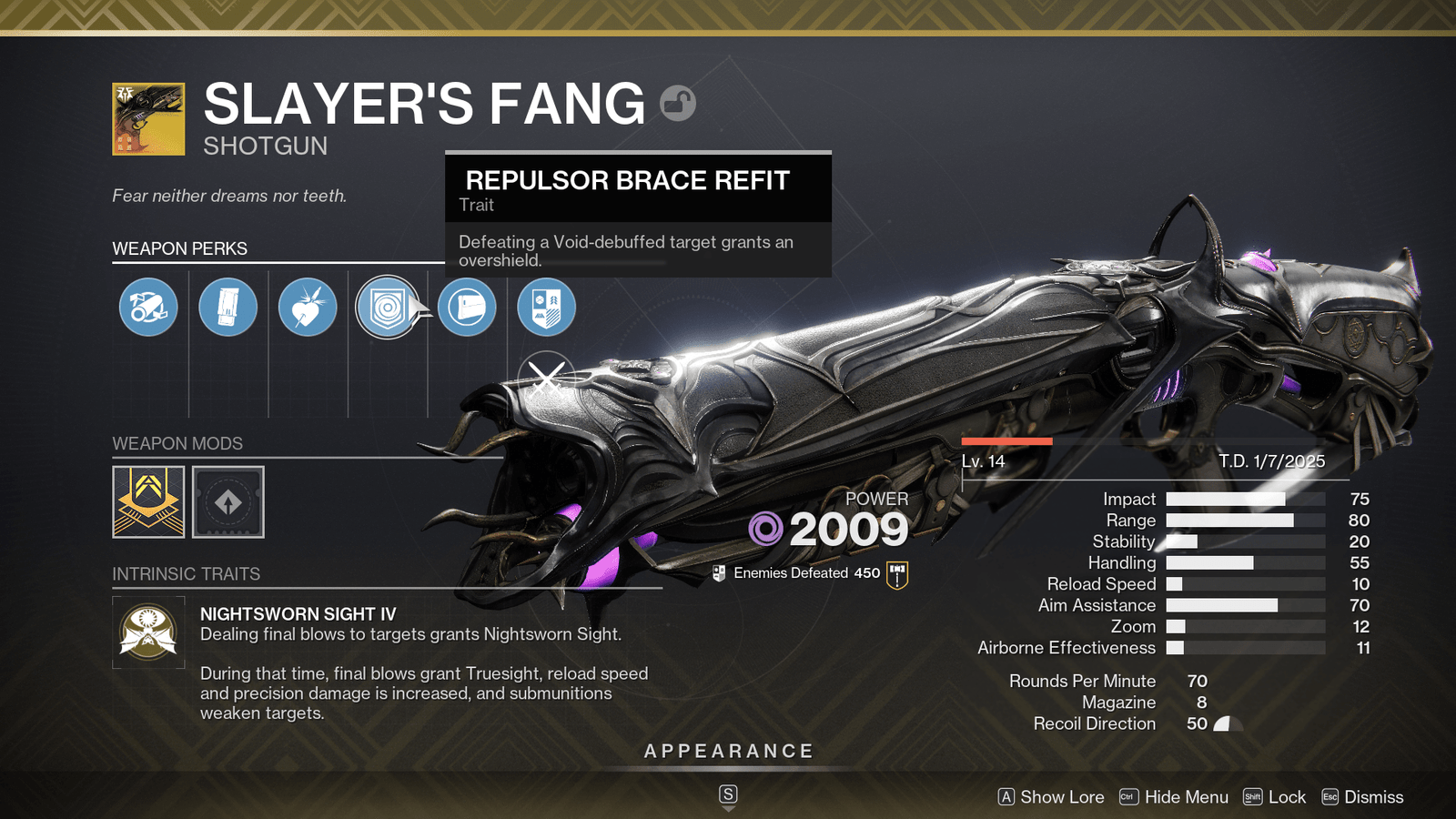 A Guardian hovers over the Repulsor Brace Refit Catalyst on the Slayer’s Fang Exotic shotgun
