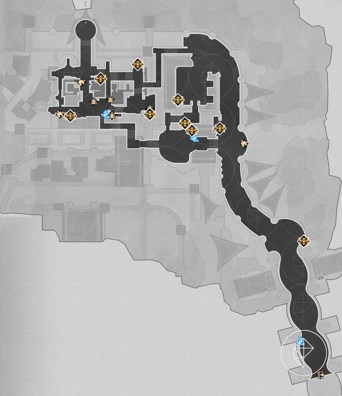 A map of the left side of Okhema in Honkai: Star Rail with all the chests marked.