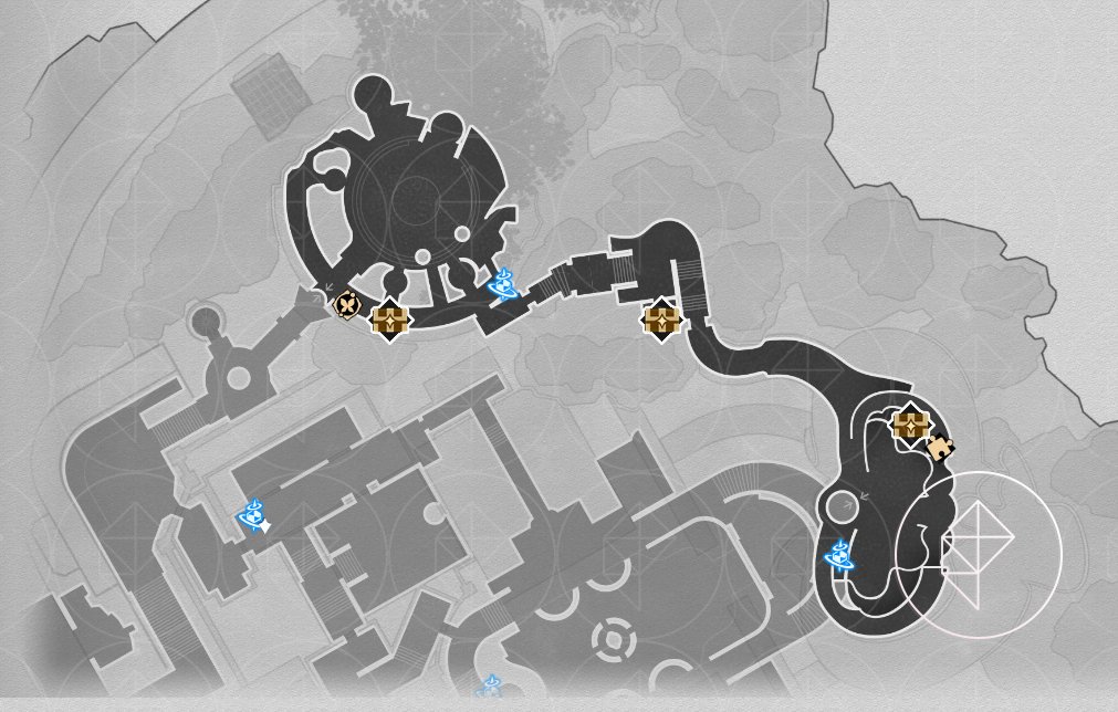A map of the upper floor or Okhema’s right side with the chests marked in Honkai: Star Rail.