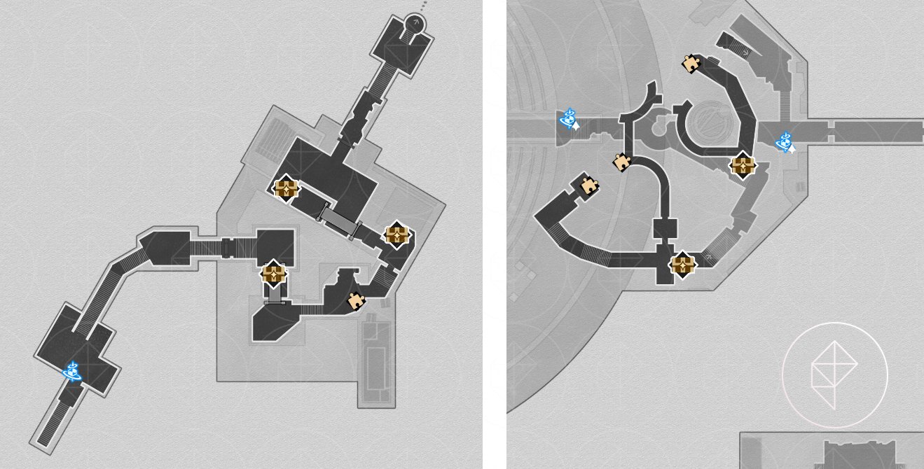 The ‘Strife Ruins’ Castrum Kremnos basement map in Honkai: Star Rail with the treasure chests marked.