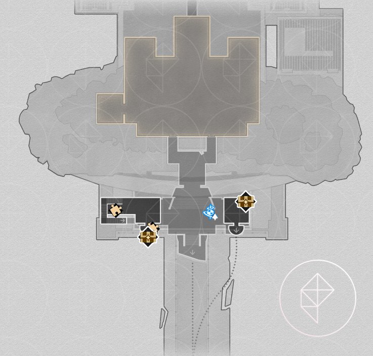A map of the bottom floor of Janusopolis in Honkai: Star Rail with the various chests labeled.