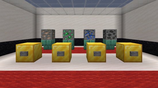 Four Minecraft ore blocks lined up in a game of odd one out, part of What Doesn't Belong, one of the best Minecraft puzzle maps.