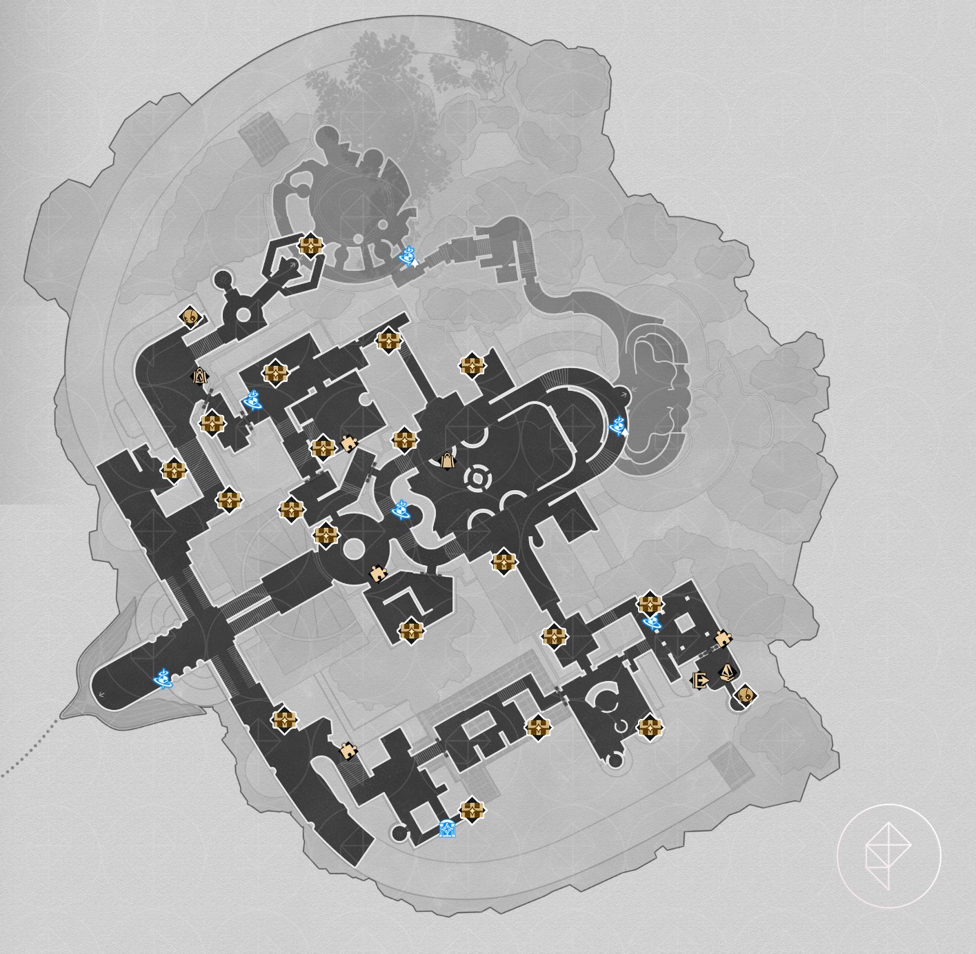 A map of the eastern side of Okhema in Honkai: Star Rail with all the chests marked out.