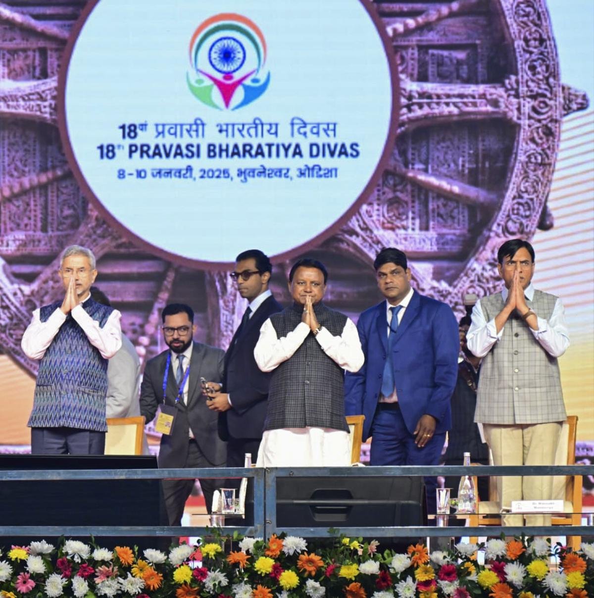 External Affairs Minister S. Jaishankar, Union Sports Minister Mansukh Mandaviya and Odisha Chief Minster Mohan Charan Majhi during the inauguration of the 18th Pravasi Bharatiya Divas, in Bhubaneswar, on January 8, 2025. External Affairs Minister S. Jaishankar, Union Sports Minister Mansukh Mandaviya and Odisha Chief Minster Mohan Charan Majhi during the inauguration of the 18th Pravasi Bharatiya Divas, in Bhubaneswar, on January 8, 2025.