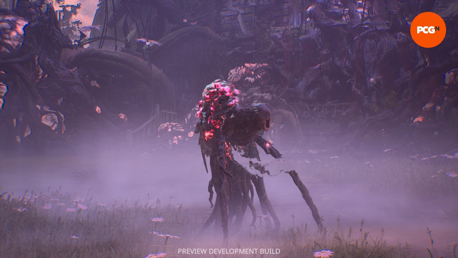 An eerie black insect monster with glowing red pustules on its back in a foggy clearing surrounded by thorns