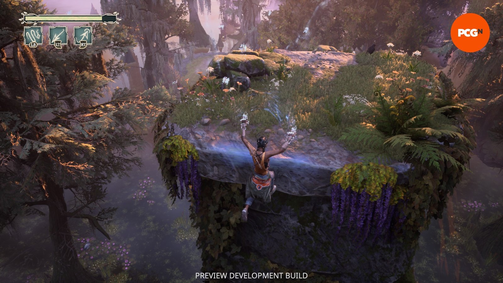 A young woman soars through the air using a magical parachute, landing on a grassy pillar