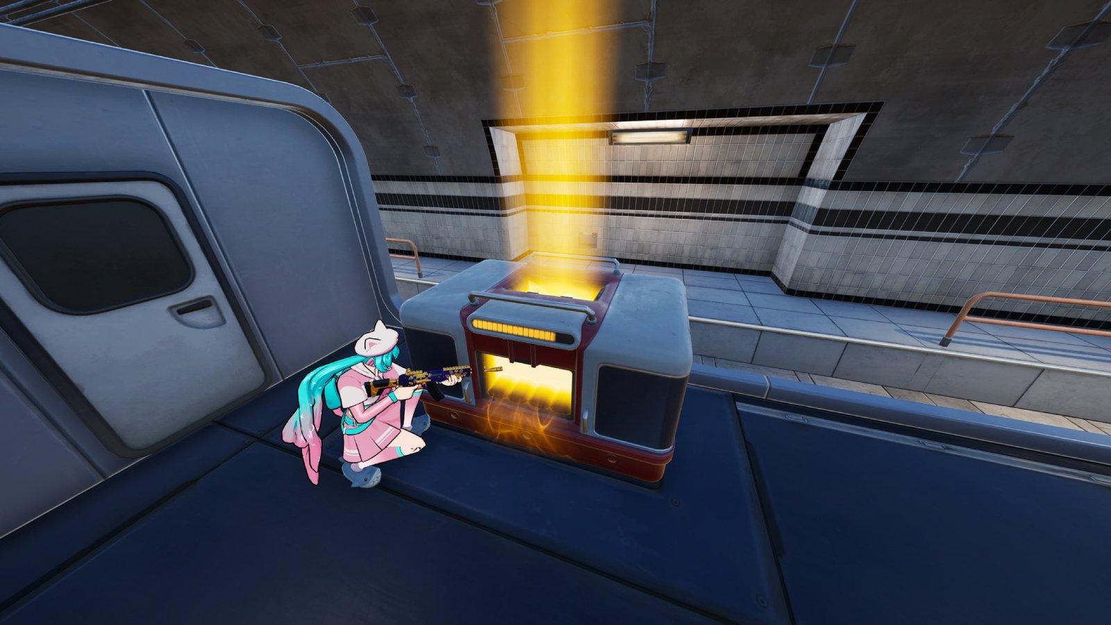Hatsune Miku opening a glowing chest on a train in Fortnite.