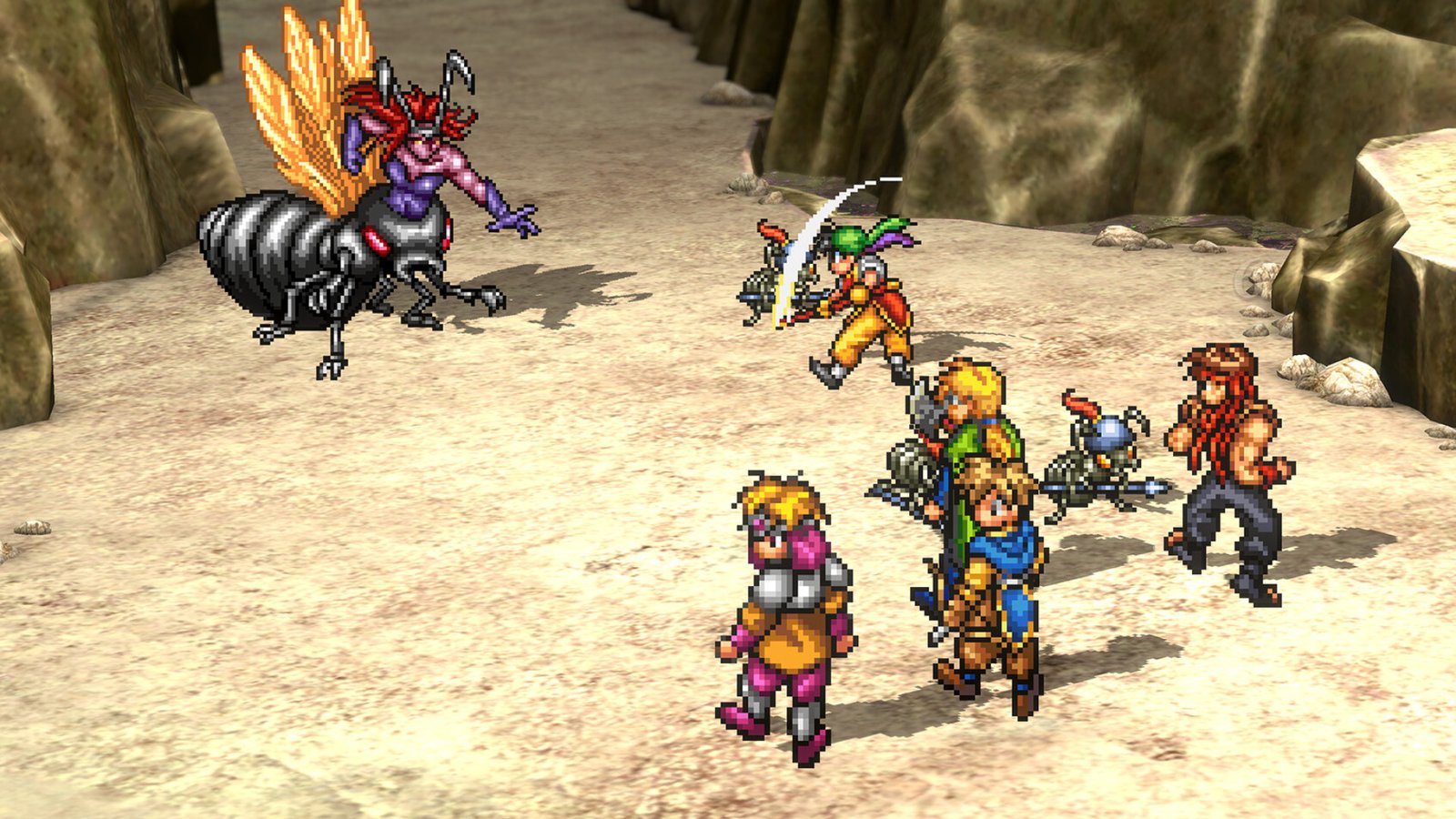 suikoden-1-2-hd-remaster-combat-classic-jrpg-konami Suikoden HD Remaster - The party fights a giant ant with a lady coming out of its head.