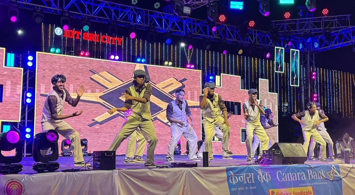 Students perform a dance number at the closing ceremony of ‘Abhisarga 2025’, at IIIT Sri City campus on Sunday.