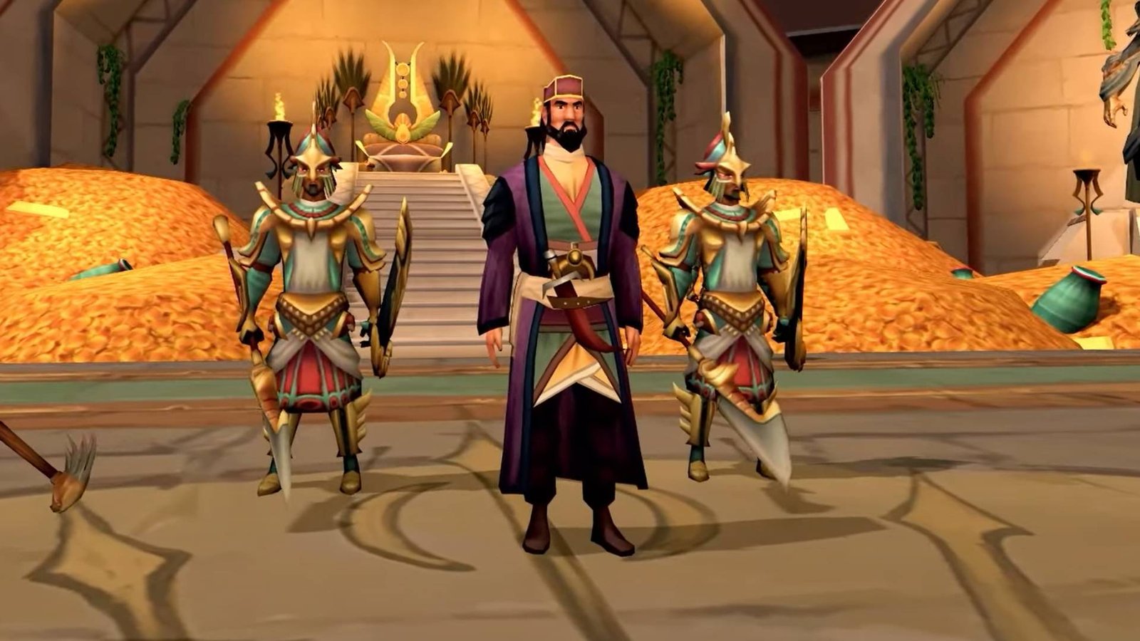 runescape-pharaohs-folly-new-quest-return-to-the-desert-storyline An image of a man with a bushy bear wearing purple robes, standing in front of huge treasure hoards with his guards