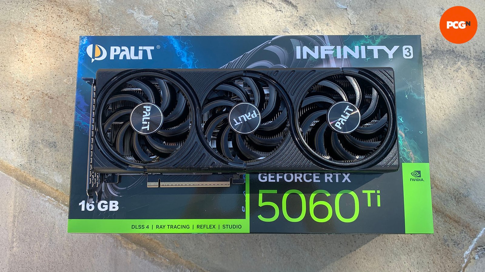 Nvidia GeForce RTX 5060 Ti review: 16GB Palit graphics card on box.