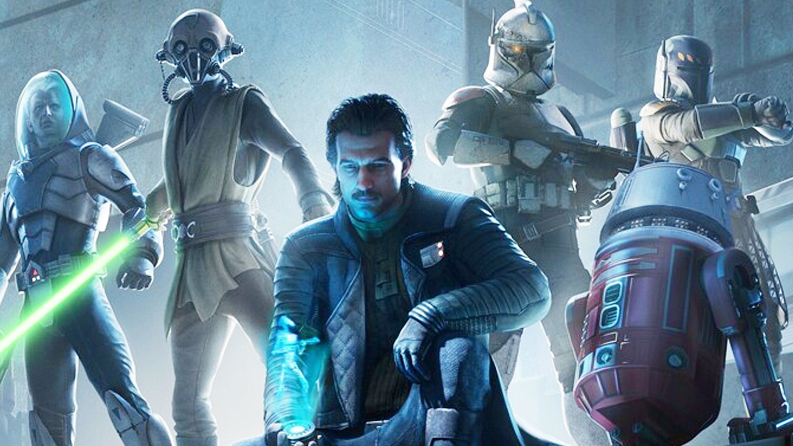 Star Wars Zero Company: A team of Star Wars characters, including a jedi with a green lightsaber and a clone droid