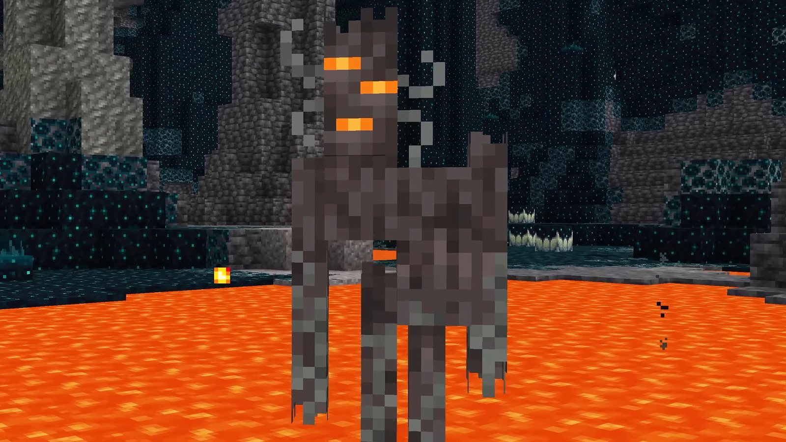 Minecraft mobs: the treant-esque Creaking with three magma eyes