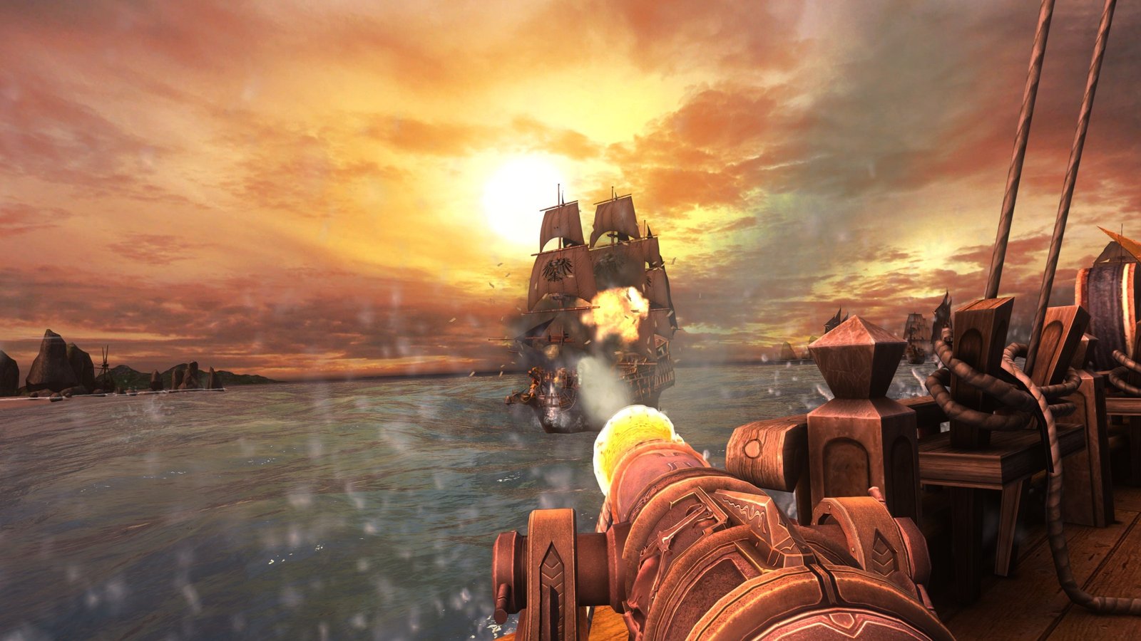 A screenshot from Captain Blood, featuring a cannon firing a volley at the broadside of a nearby enemy vessel at sea.